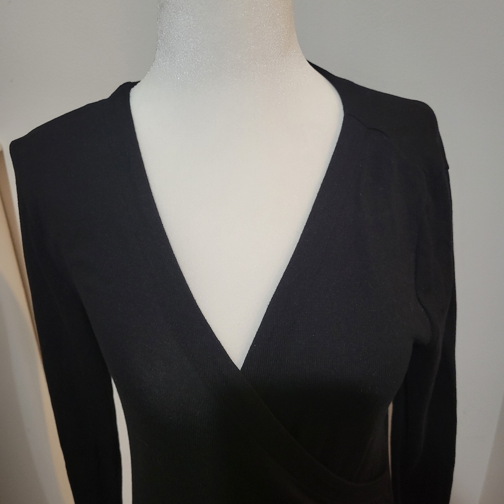 LOFT black Faux Wrap Long Sleeve V Neck Blouse Workwear Goth |sz SP - Picture 2 of 6